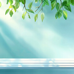Aufkleber - A Tranquil Arrangement of Green Leaves Against a Serene Blue Backdrop on a Sunlit Table