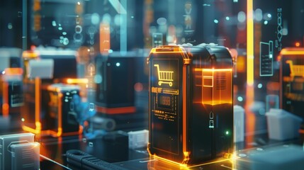 Poster - Glowing orange shopping cart symbol displayed on futuristic server racks represents the concept of online shopping and future technology of e commerce