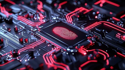 Poster - futuristic circuit board with digital fingerprint highlighting advanced technology and cybersecurity