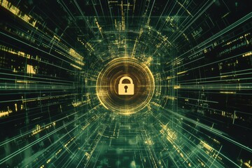 Leinwandbilder - A central lock icon appears on a computer screen surrounded by a network of lines and glowing data patterns, symbolizing cybersecurity. Generative AI