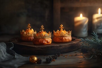 three round pies with golden crowns on a wooden tray