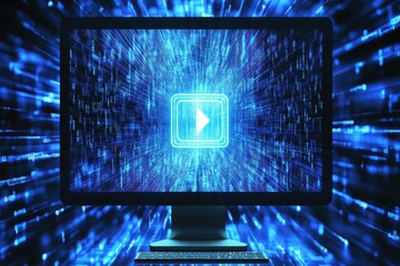 Leinwandbilder - A computer screen features an open protection icon, surrounded by blue data streams, suggesting an active security protocol in use. Generative AI