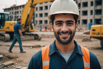 Close portrait of a smiling young Armenian man construction worker looking at the camera, Armenian outdoors construction site blurred background