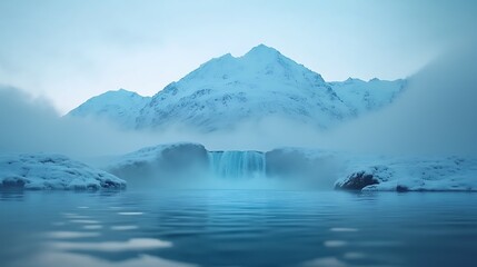  Majestic waterfall cascades down snow-capped mountain reflecting in serene lake amidst misty landscape