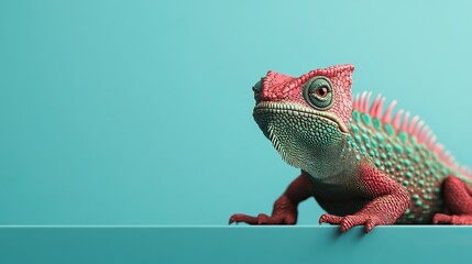 A colorful chameleon perches on a ledge, showcasing its striking scales against a teal background, emphasizing its unique texture and vibrant colors.