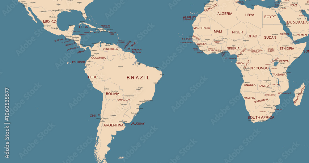 Detailed Political Map of South America and Surrounding Regions Stock