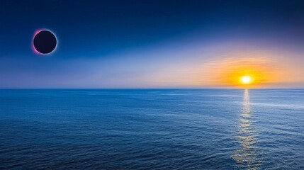A solar eclipse over the ocean during a vibrant sunrise. The black disc of the moon obscures the sun, casting a ring of light.