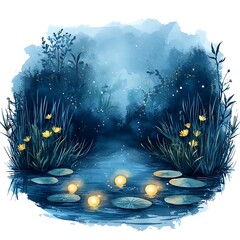 Wall Mural - Watercolor Illustration of a Magical Pond with Lily Pads and Glowing Lights.