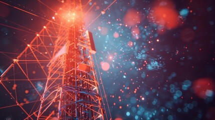Poster - Futuristic telecommunication tower transmitting data streams, symbolizing advanced connectivity and technological innovation in a vibrant cityscape