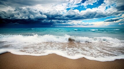 Dramatic storm clouds over a calm blue ocean with foamy waves crashing on the sandy beach.