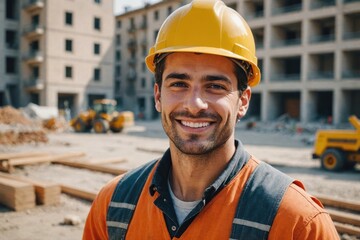 Close portrait of a smiling young Italian man construction worker looking at the camera, Italian outdoors construction site blurred background