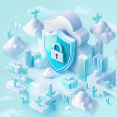 Poster - Cloud Security System with a Shield and Lock Icon in a Desert Landscape