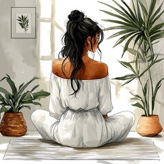 Wall Mural - Woman Sitting in a Room with Plants, Watercolor Style.