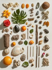 Flat Lay of Diverse Natural Objects Including Leaves, Flowers, Shells, and Stones on a Light Background