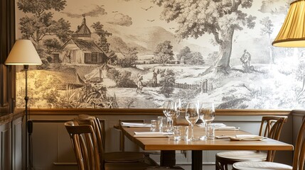 A classic toile wallpaper pattern depicting pastoral scenes, ideal for a traditional dining room.