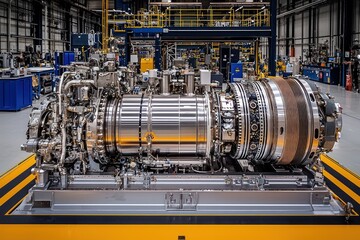 Poster - Close-up of a Powerful Industrial Engine in a Manufacturing Facility