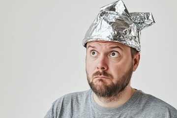 Suspicious man in a tinfoil hat, she is distrustful, believes in conspiracy theories