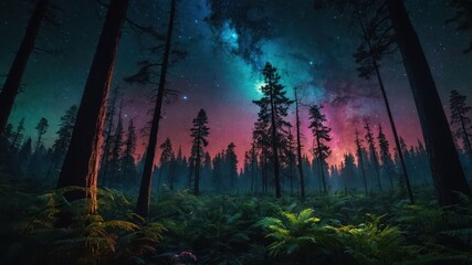 glowing fantasy forest, starlight, starlight, starlight, polar lights, starry sky
