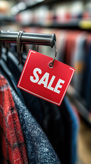 Close up shot of red sale price tag hanging on clothing rack, promoting discounts