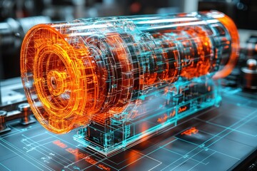 Aufkleber - Transparent 3D Model of a Complex Machine with Orange and Blue Glowing Lines