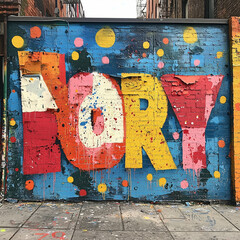 Wall Mural - eye-catching urban graffiti art featuring bold letters splashed with vibrant, multicolored paint on a blue wall