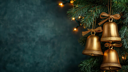 Close up of golden bells tied with ribbon, hanging on Christmas tree. festive atmosphere is enhanced by soft glow of lights in background, creating warm holiday feeling