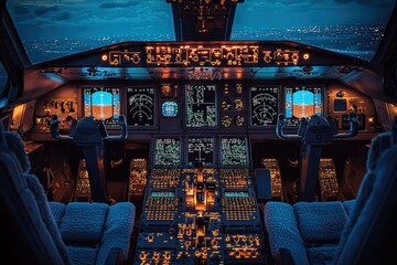 Poster - Airplane Cockpit with Illuminated Controls and City Lights View