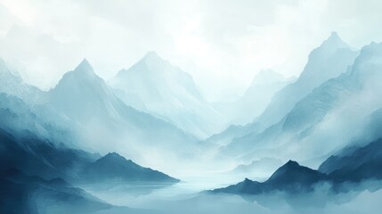 Dreamy landscape of misty mountains, with soft light filtering through the fog