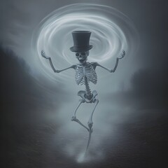 Ethereal Skeletal Dancer Levitates in Misty Occult Inspired Landscape