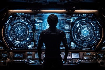 Leinwandbilder - A Silhouette of a Person Standing in Front of a Futuristic Control Panel with Blue Interfaces