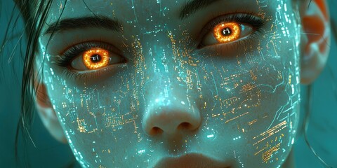 Poster - Close-up of a Woman's Face with Glowing Circuitry and Orange Eyes