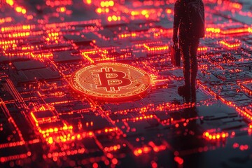 Fototapete - A glowing Bitcoin coin on a circuit board with a dark figure standing nearby