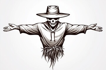 Aufkleber - Minimalist line art of a scarecrow with simple hat and outstretched arms, capturing the classic silhouette and rustic charm of scarecrows, symbolizing simplicity and tradition