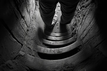 Poster - Narrow staircase descending into darkness, with only faint light at the top, capturing the ominous feeling of horror in confined spaces, symbolizing mystery and suspense