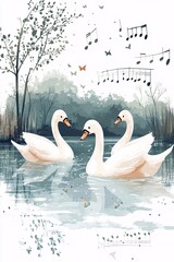 Naklejka na meble Three elegant swans swim gracefully in a serene pond surrounded by nature's beauty and soft musical notes dancing in the air