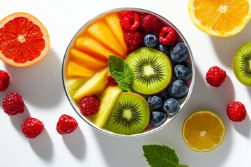 a 2D cartoon illustration of a colorful smoothie bowl with tropical fruits refreshing and vibrant white background