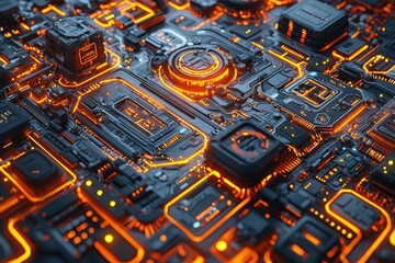 Poster - Abstract Futuristic Circuit Board with Glowing Orange Lines