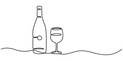 Wine bottle and wine glass drawing with one continuous line. One continuous line of a bottle and wine glass. Vector illustration., A bottle of wine and a glass icon line continuous drawing vector. 