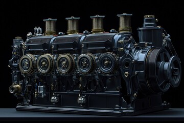 Poster - A Detailed Close-up of a Black Six-Cylinder Engine