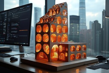 Poster - Illuminated Wooden Model of a Modern Skyscraper on a Desk