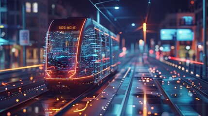 Poster - Futuristic tram is driving through an illuminated city at night, showcasing advanced technology and innovative transportation solutions