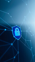 Poster - digital illustration a glowing blue padlock shield on a network