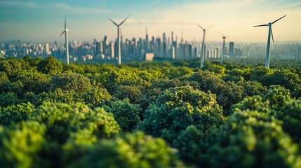 Wall Mural - Futuristic Cityscape Powered by Green Technology Featuring Solar Panels, Wind Turbines, and Electric Vehicle Charging Stations, Representing Sustainable Urban Development and Clean Energy Solutions