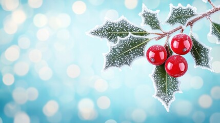 Wall Mural - frosty holly berries leaves sparkling winter backdrop