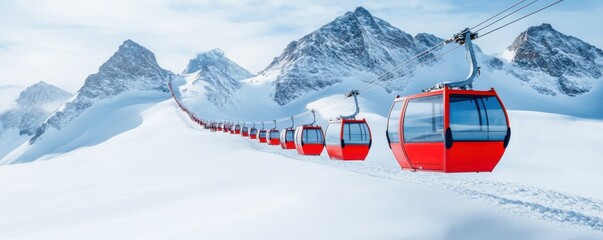 A scenic view of red cable cars traversing snowy mountains under a bright sky, perfect for winter tourism and adventure themes.