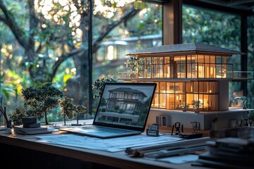 Aufkleber - Architectural Design Workspace with Laptop, Model Home, and Drawings
