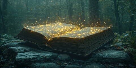 Poster - Open Book Glowing with Magic in a Misty Forest