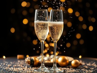 A close-up shot of two champagne glasses clinking together in a celebratory toast, happiness, event