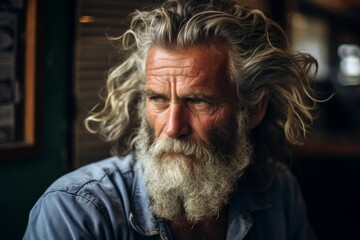 Portrait of a senior man with long gray hair and beard.