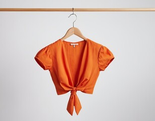 Stylish orange crop top hanging on a wooden hanger against a minimalist background.